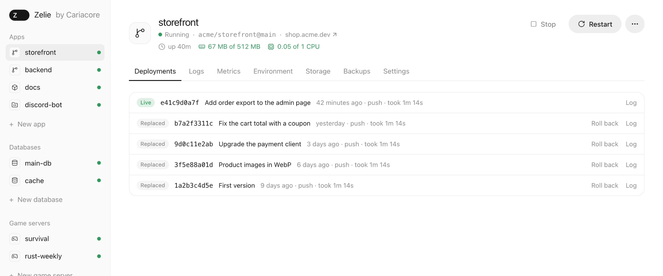 An app’s deployments in Zelie: the live version and four earlier ones with a Roll back link