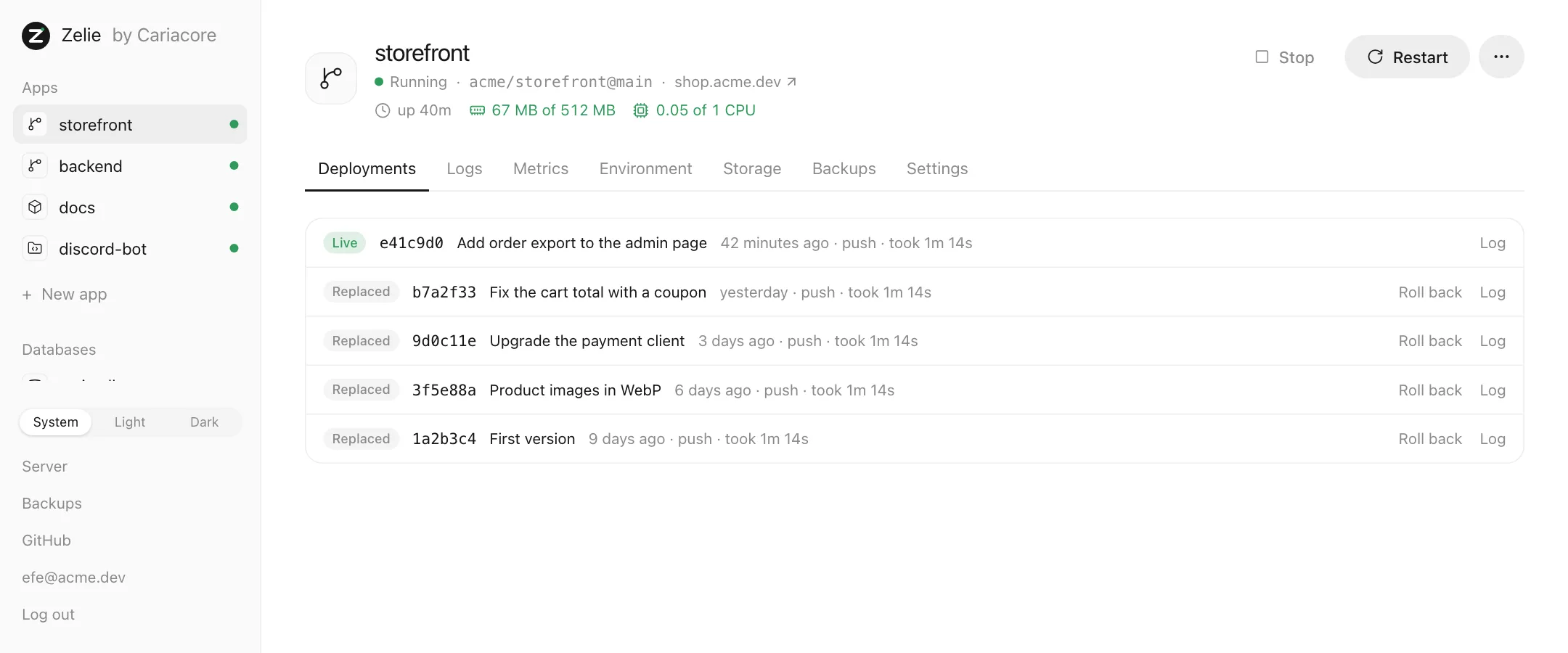 An app’s deployments in Zelie: the live version and four earlier ones with a Roll back link