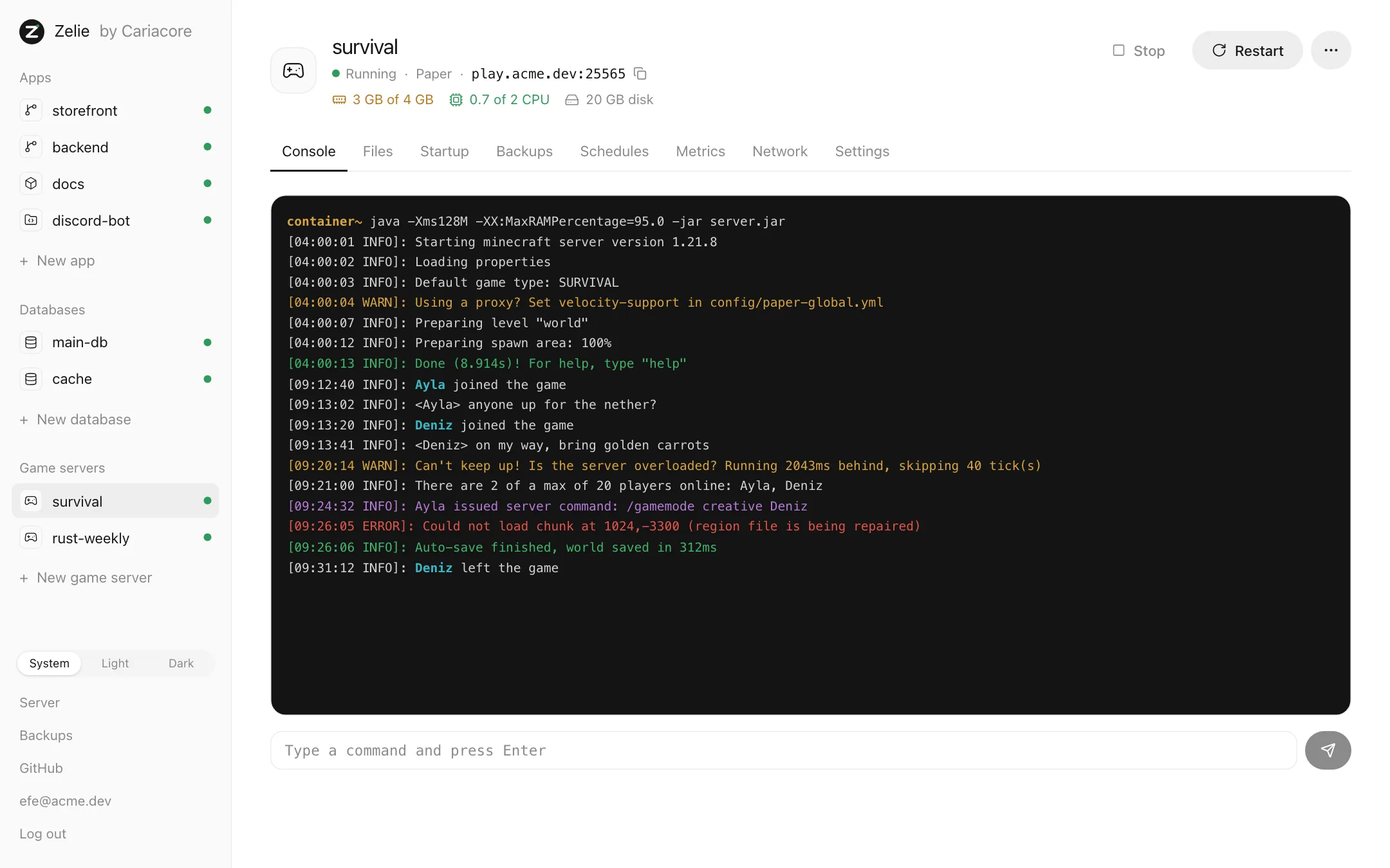 A Minecraft server’s live console in Zelie, with coloured log lines