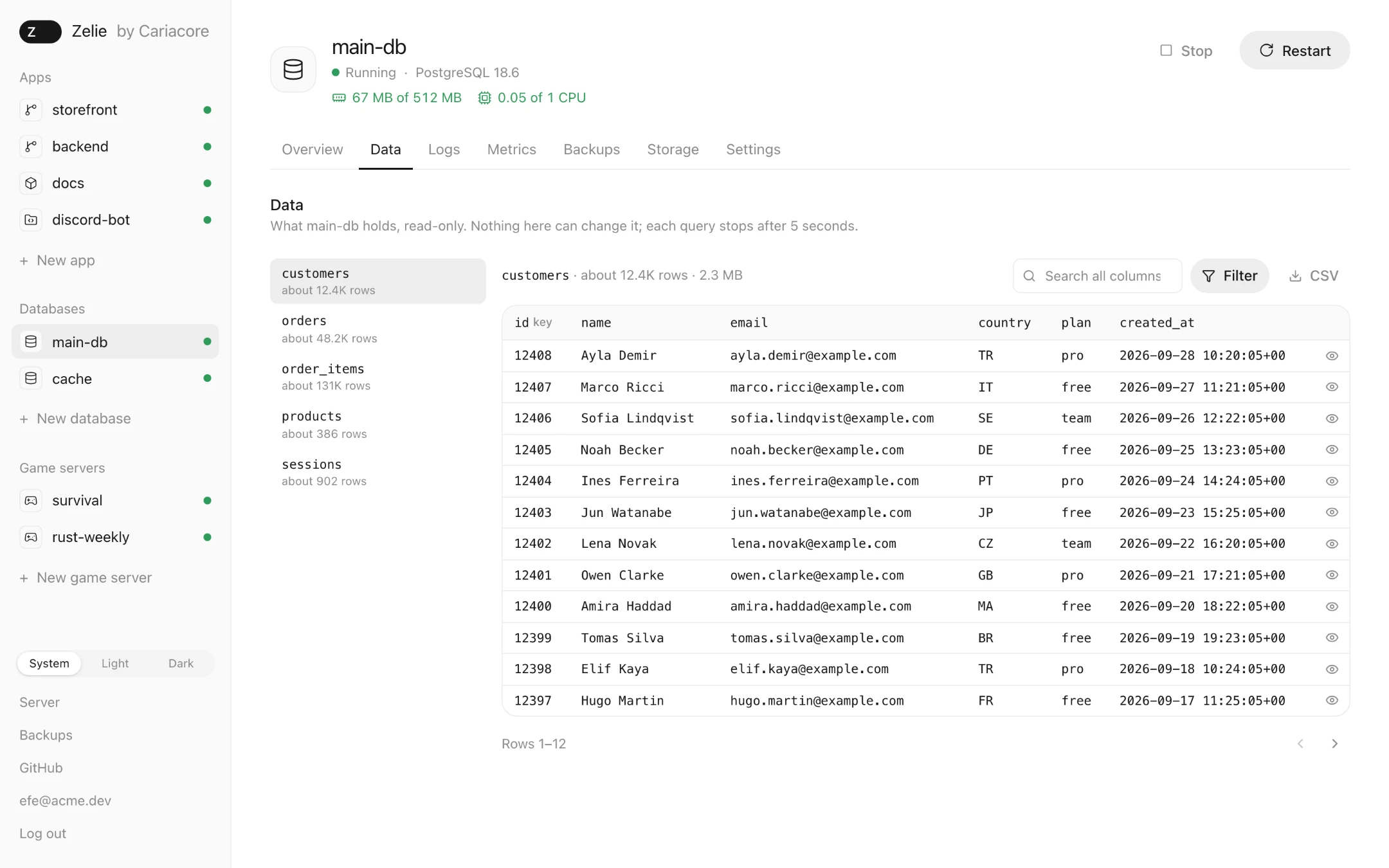 A PostgreSQL table of customers, browsed read-only in Zelie