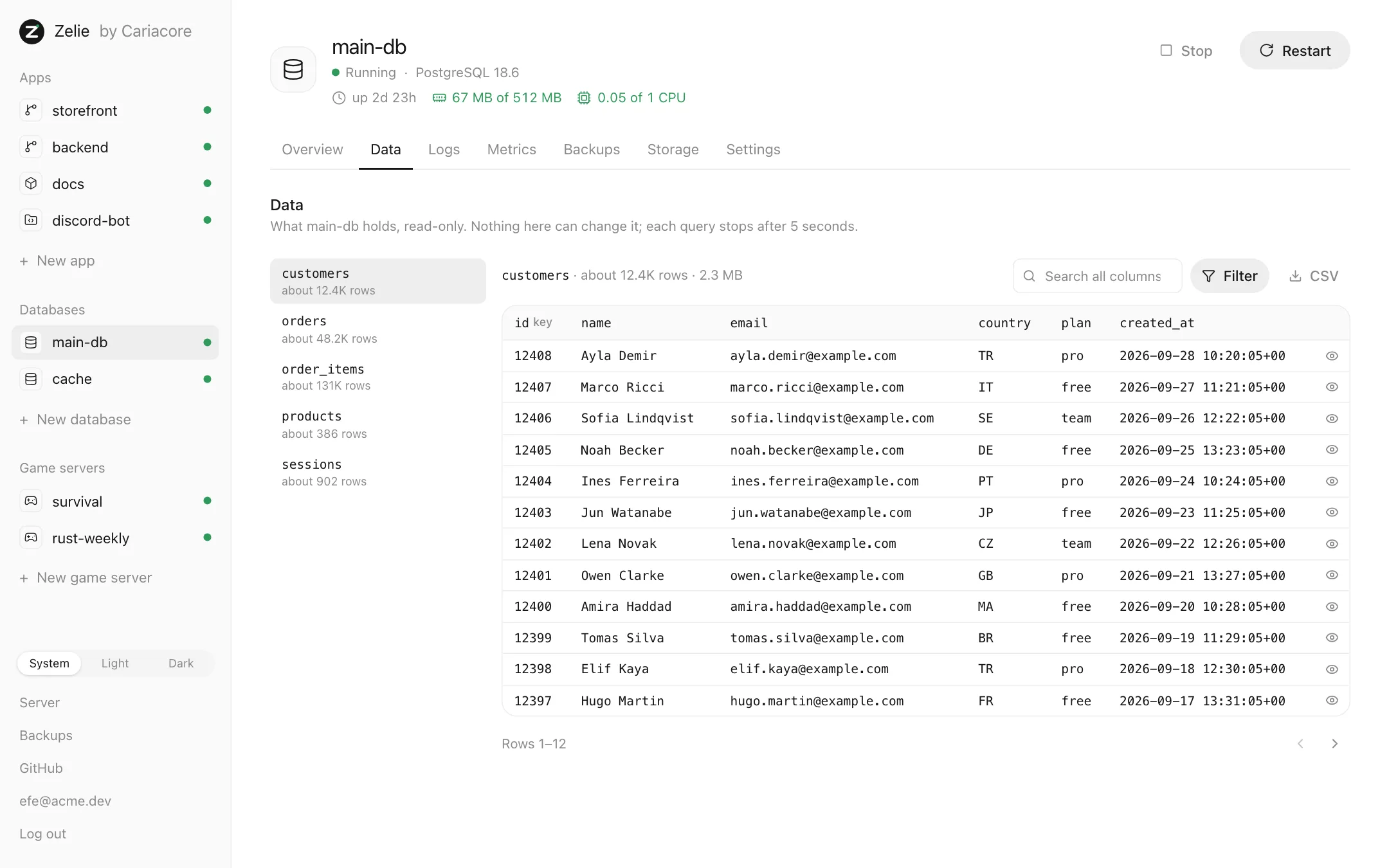A PostgreSQL table of customers, browsed read-only in Zelie