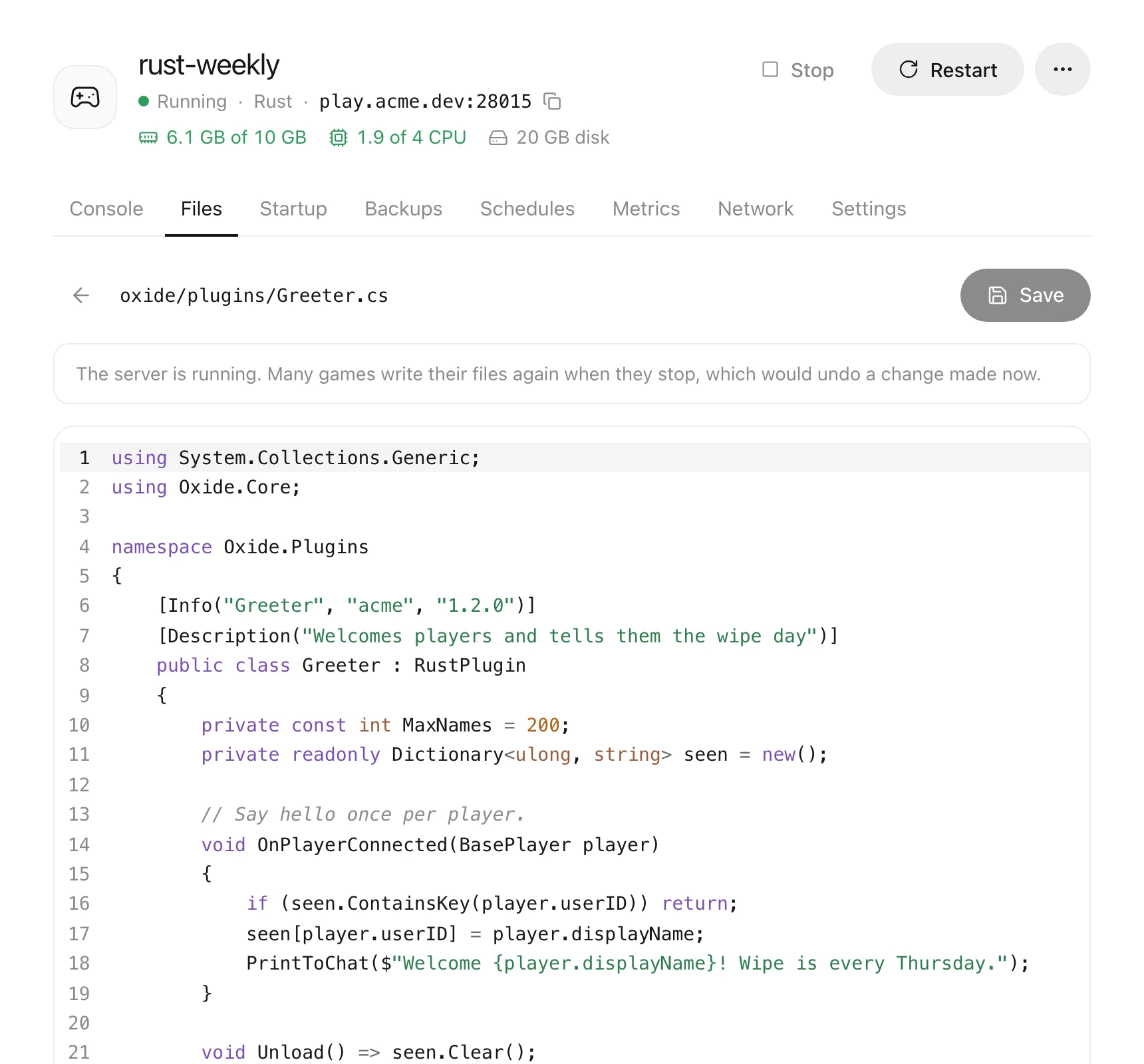 A C# plugin open in Zelie’s code editor, with coloured code