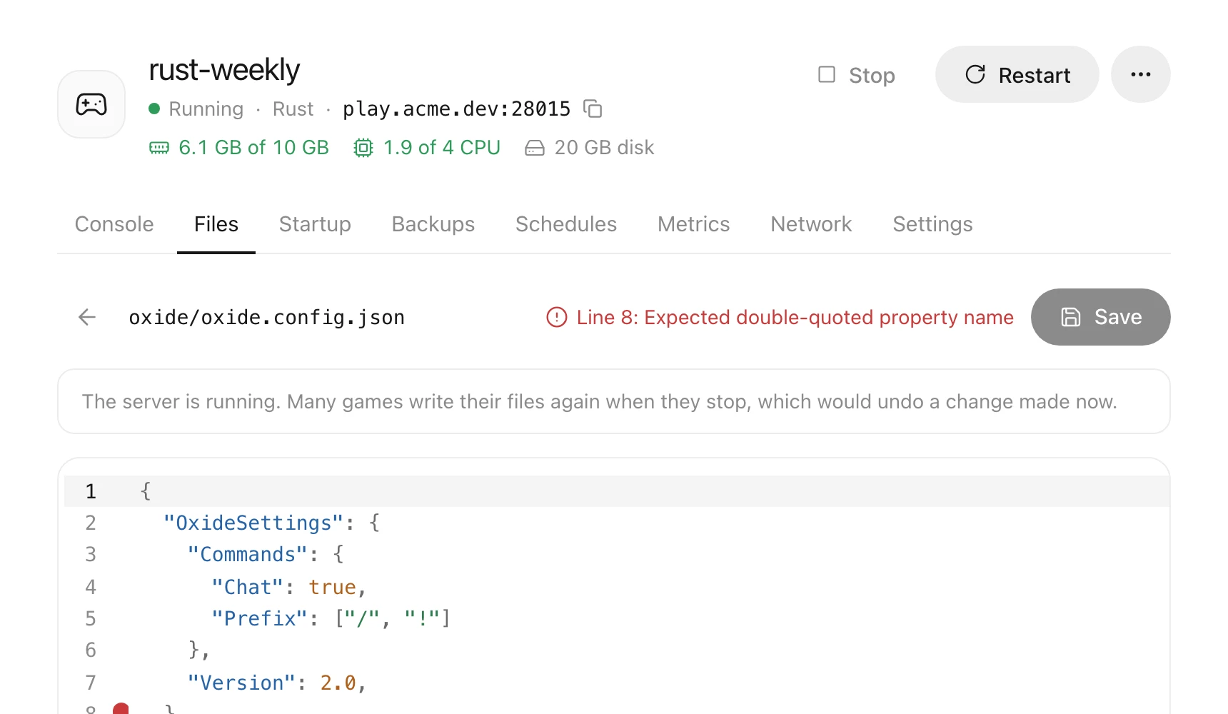 A JSON config in the editor with a mistake marked in red and the line number shown