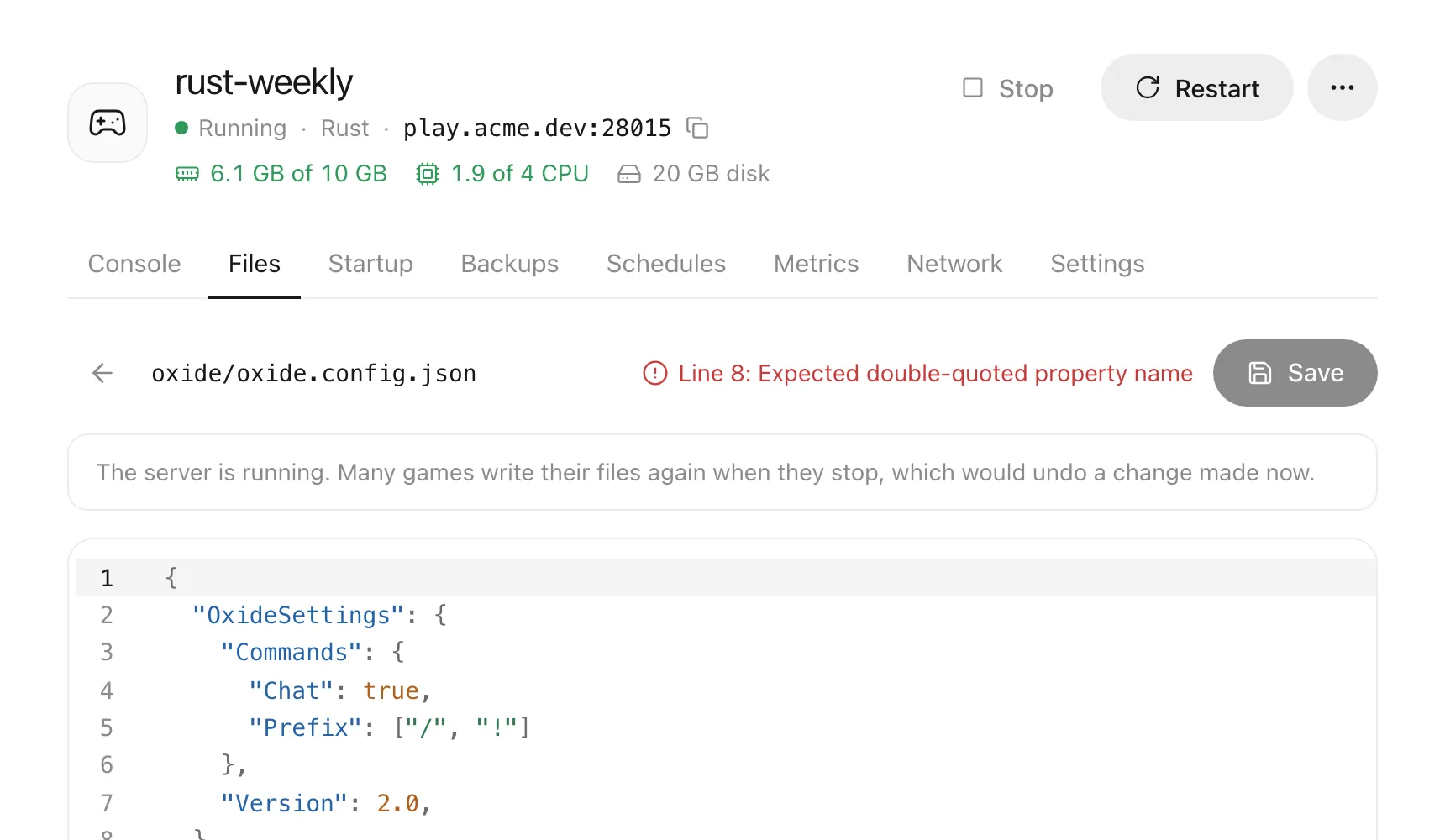 A JSON config in the editor with a mistake marked in red and the line number shown