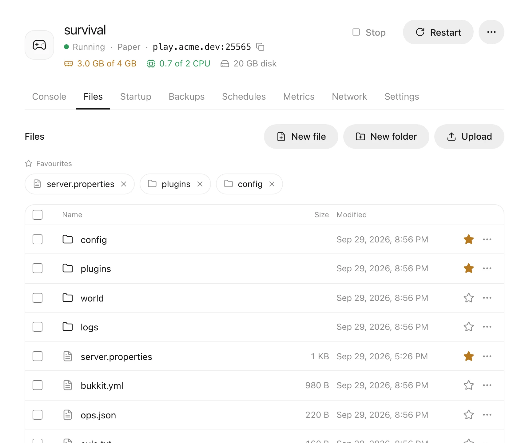 A game server’s file manager with favourites at the top