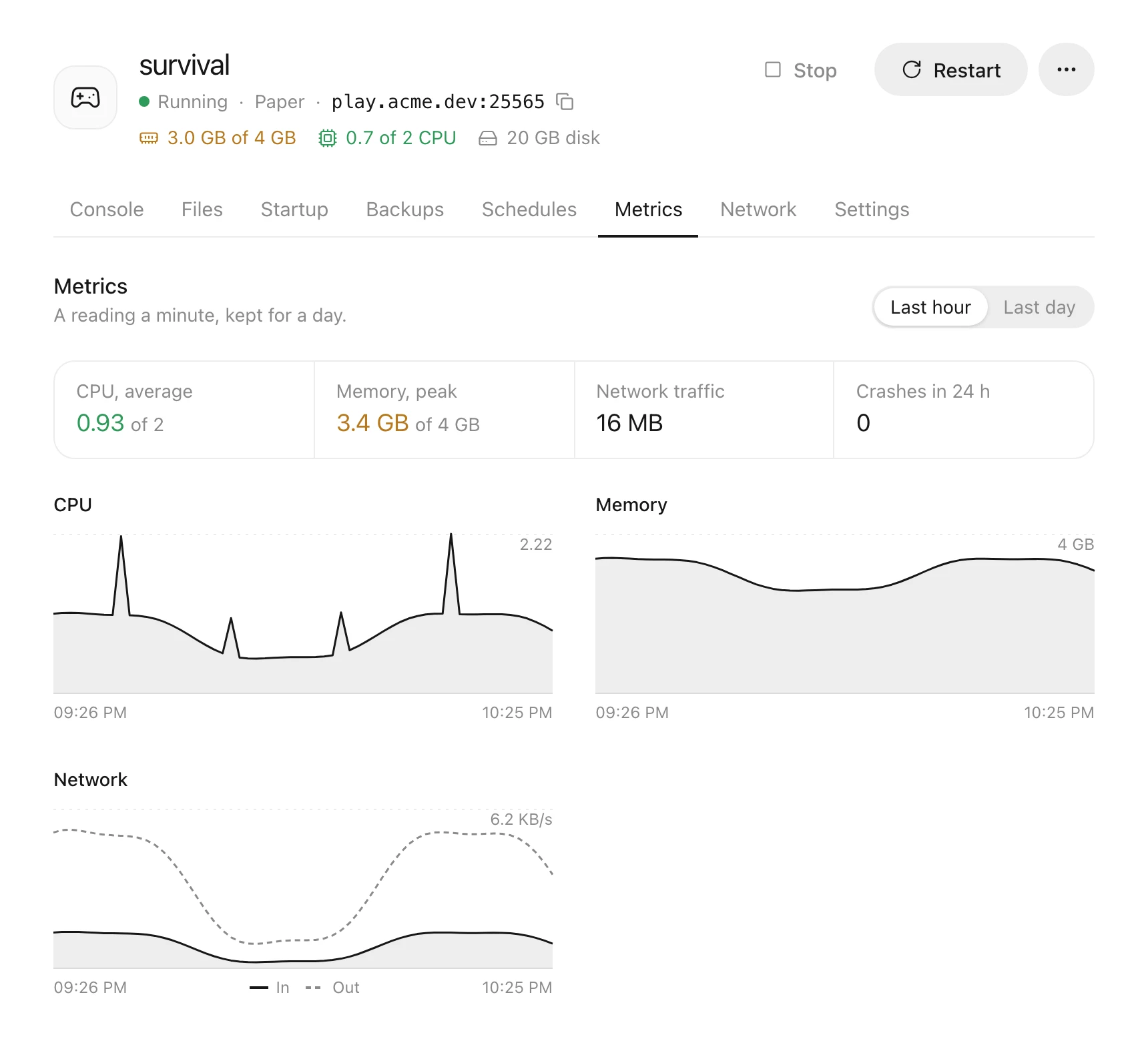 A game server’s metrics: CPU, memory and network over the last hour, with memory use coloured amber in the header