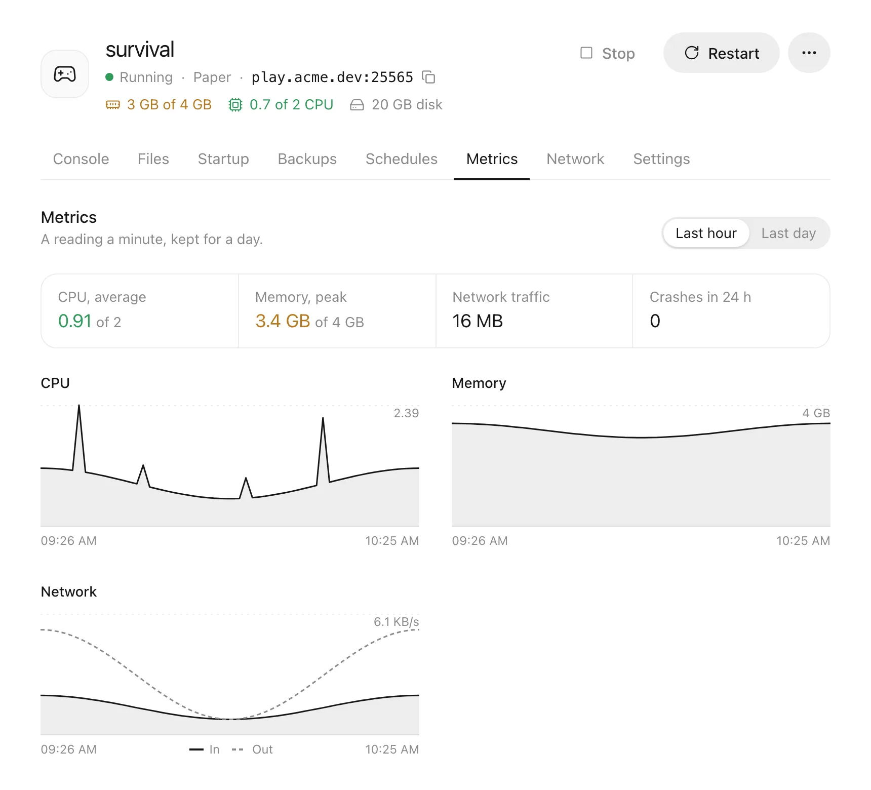 A game server’s metrics: CPU, memory and network over the last hour, with memory use coloured amber in the header