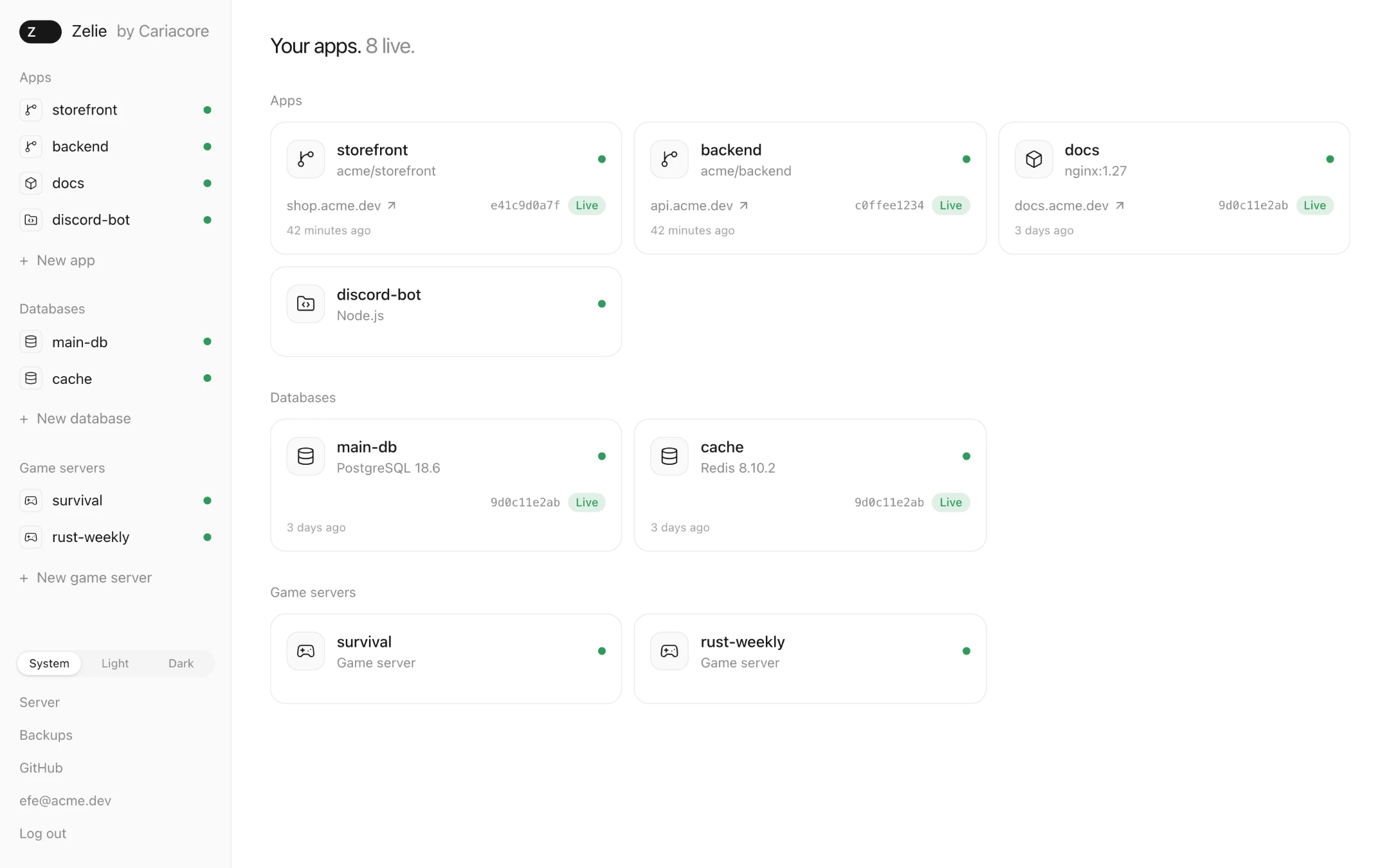 Zelie’s home page listing apps, databases and game servers, all running