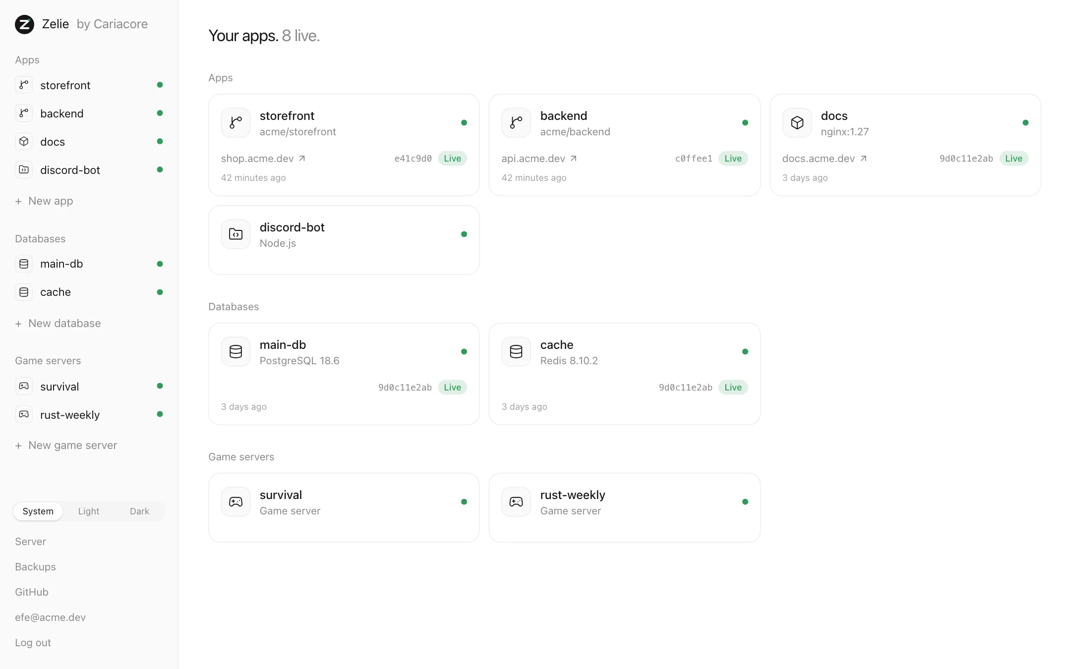 Zelie’s home page listing apps, databases and game servers, all running