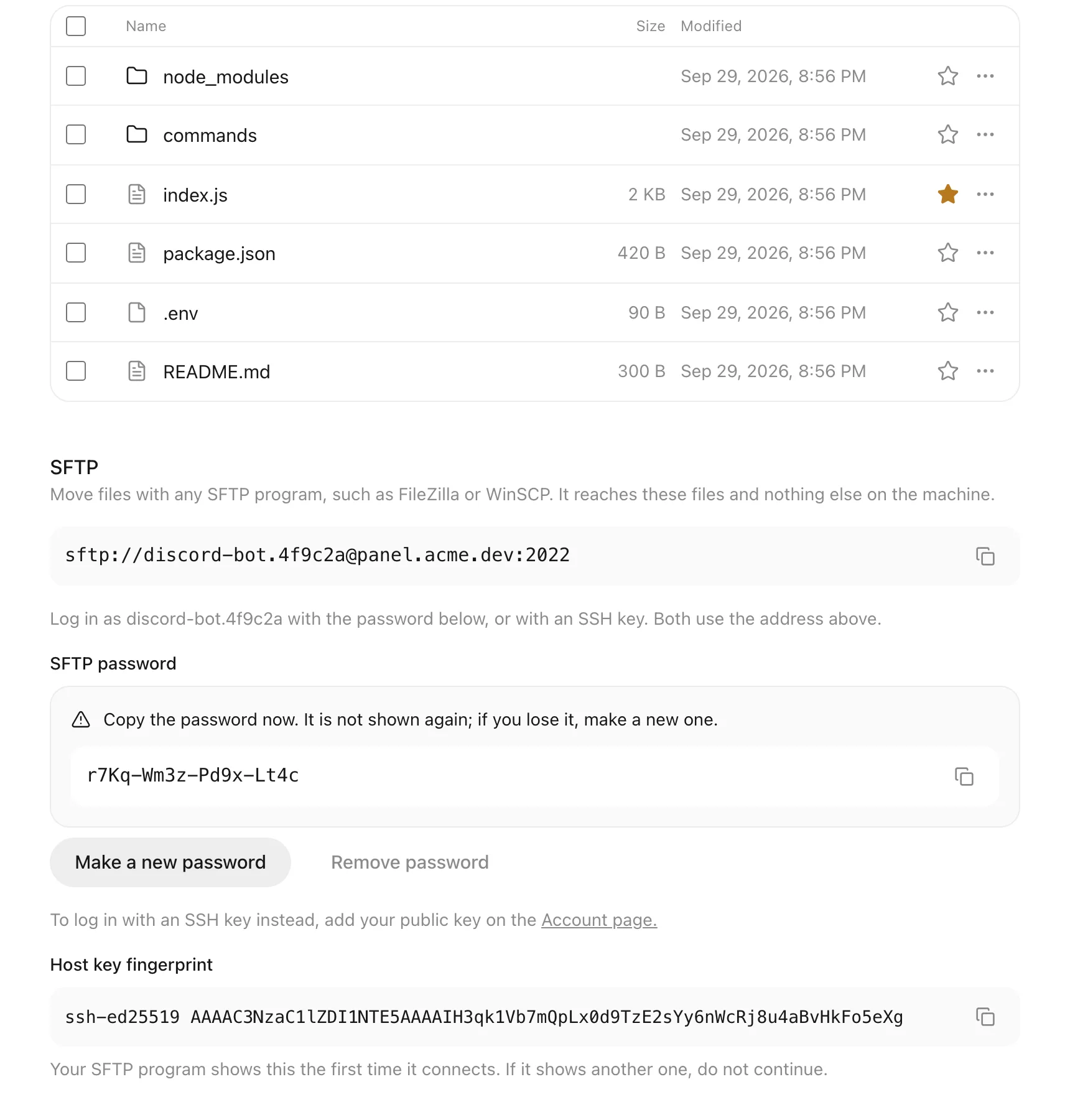 The SFTP box on a files app: the address, a password shown once and the host key