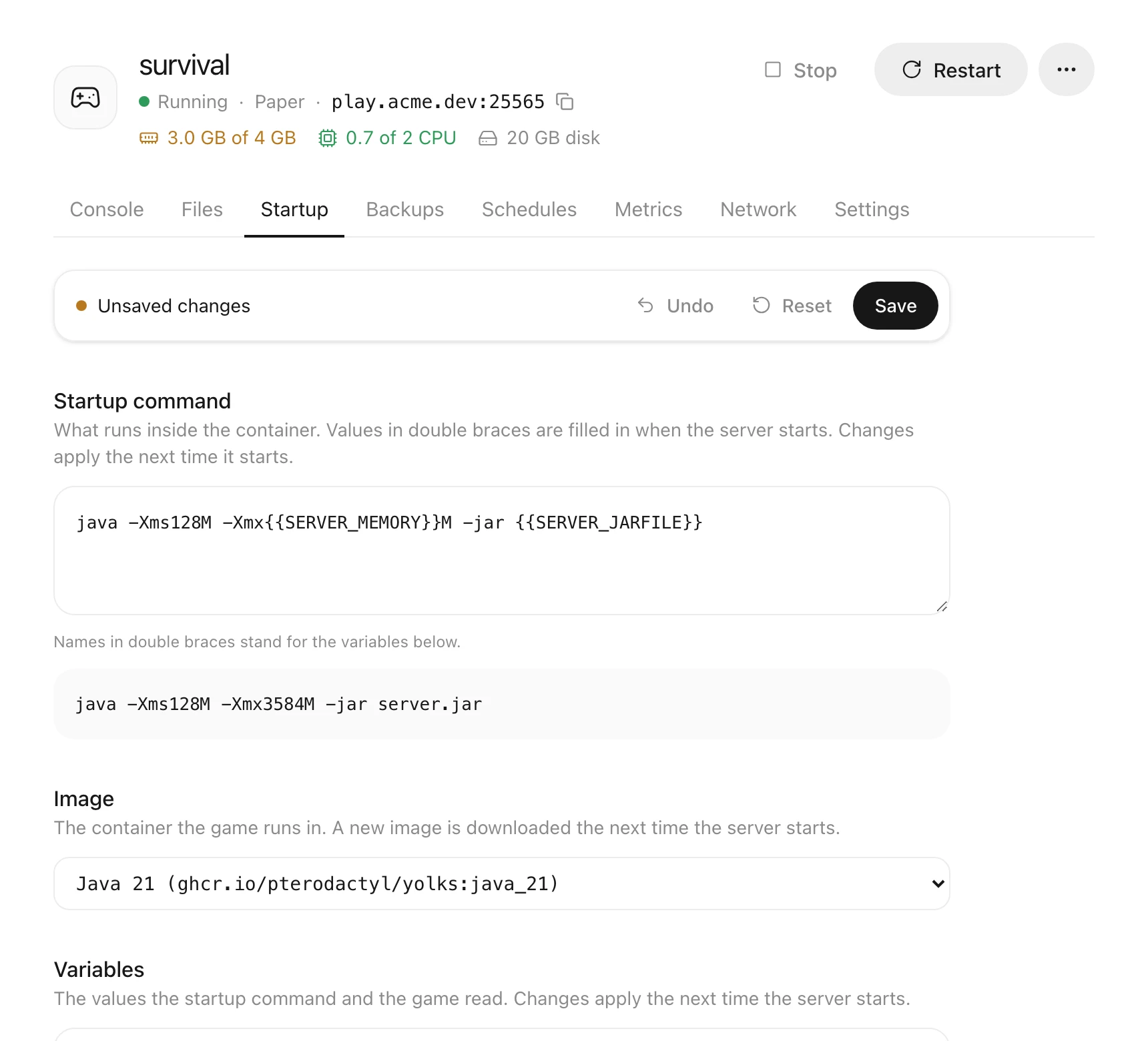 A game server’s Startup page with the Unsaved changes bar showing Undo, Reset and Save